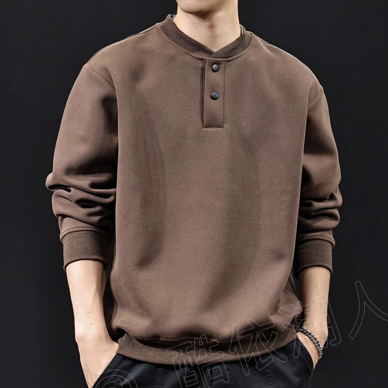 MR.MUDI/穆迪先生亨利领卫衣男士秋冬季百搭套头上衣潮牌排扣外套