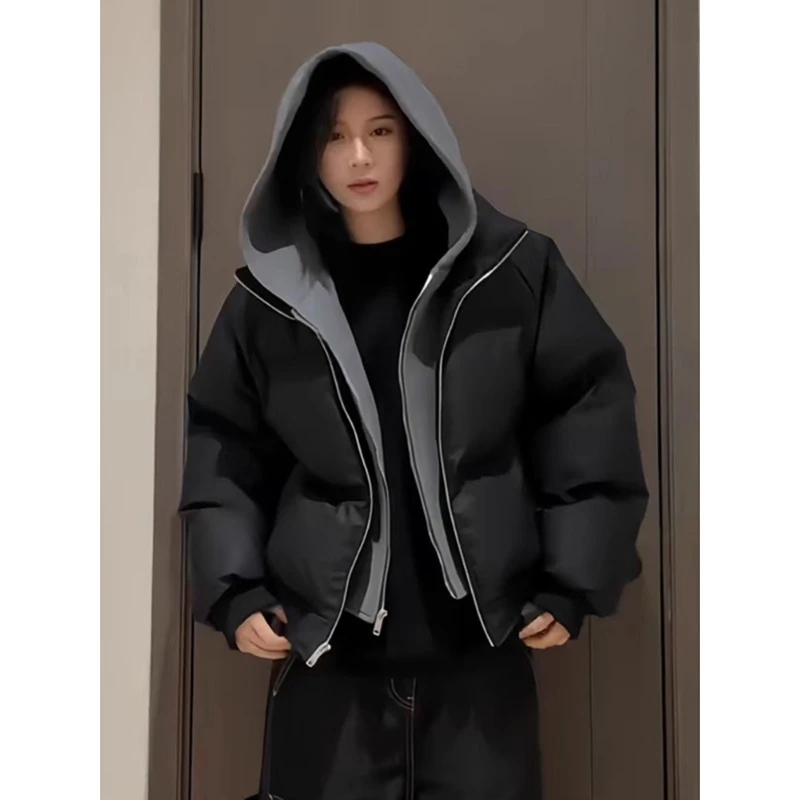 美式重磅假两件棉服外套男冬cleanfit拼接加厚棉衣高街痞帅面包服