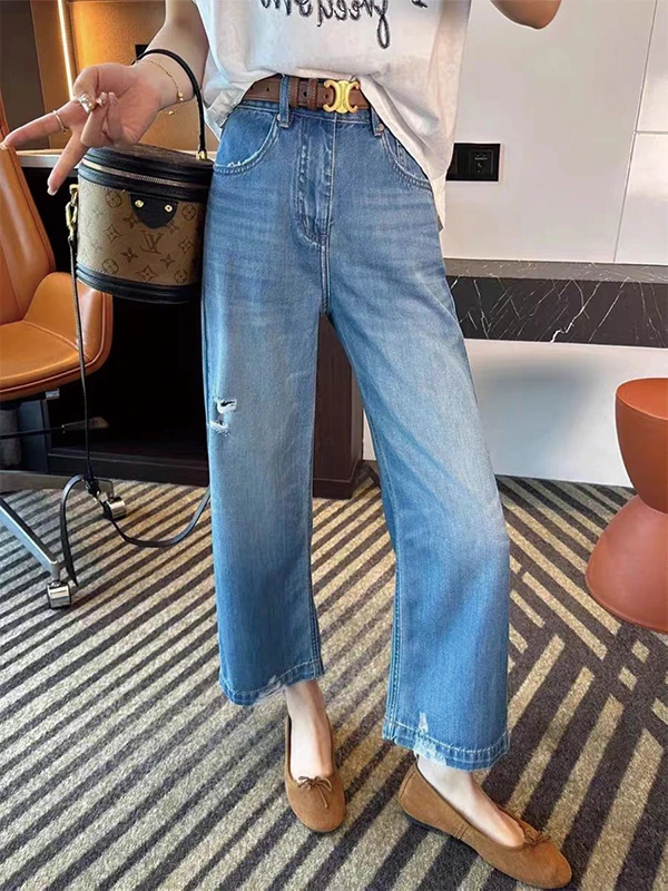 莱赛尔天丝破洞牛仔裤女夏季薄款大码梨型身材显瘦凉感九分直筒裤