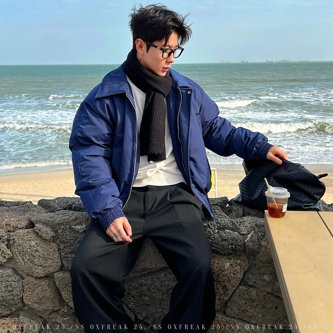 OXFREAK「极简风 斜插袋」海军蓝飞行棉服男短款款式立领外套冬季