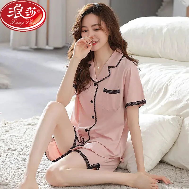 浪莎夏季宽松翻领莫代尔棉睡衣女士夏天凉感短袖高级感家居服套装