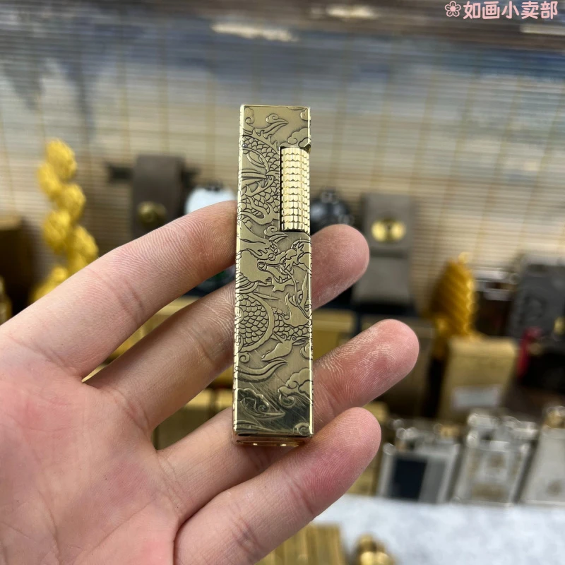 好运达小金条浮雕祥云龙短款长拨轮侧滑煤油打火机小巧便携复古