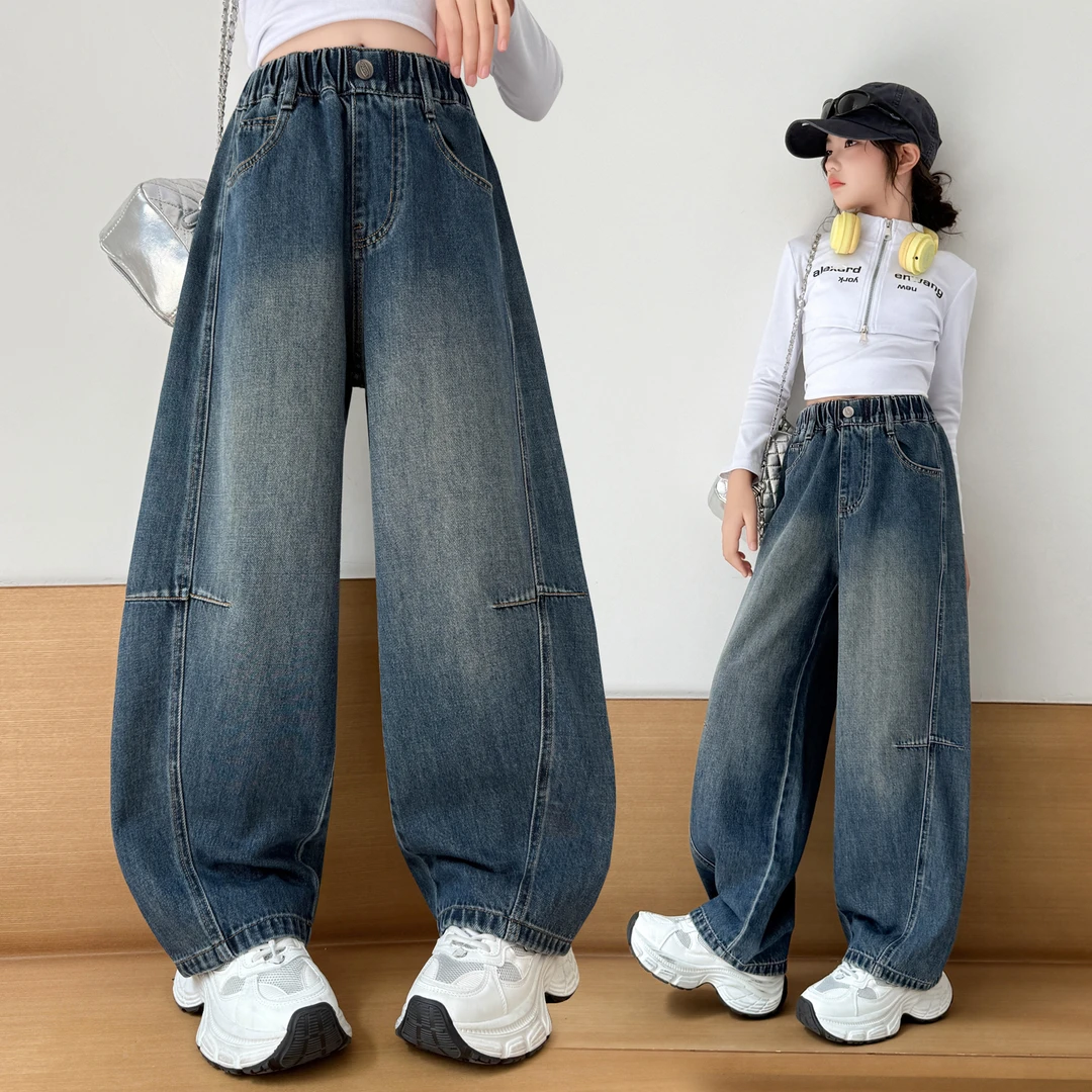 女童弯刀裤2025秋季新款裤子6-12岁潮酷中大童时髦宽松休闲牛仔裤