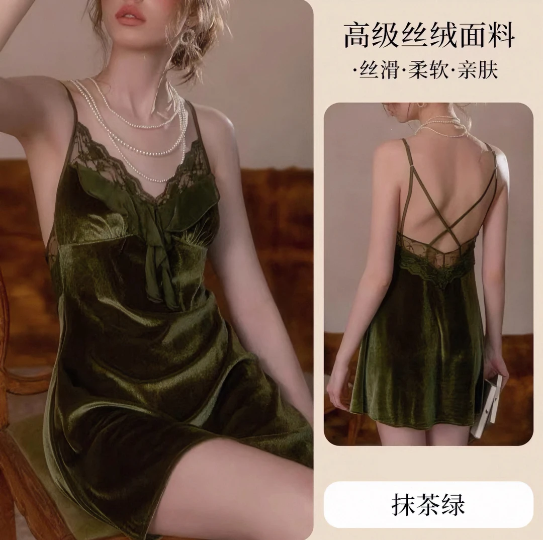 性感睡衣女秋冬金丝绒家居服两件套高级感纯欲风吊带睡裙亲肤绒面
