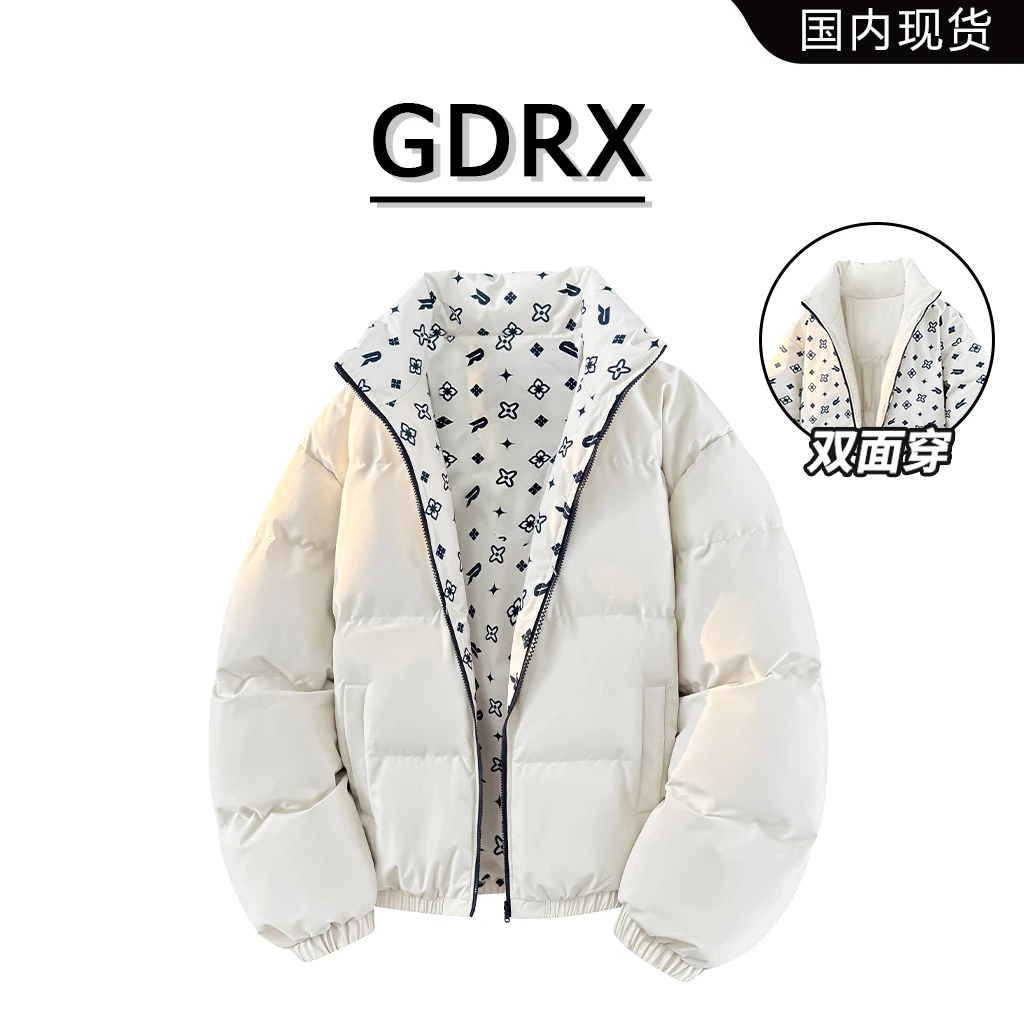 GDRX美式双面穿时尚棉衣2025冬季新款潮流百搭男生外搭满印面包服