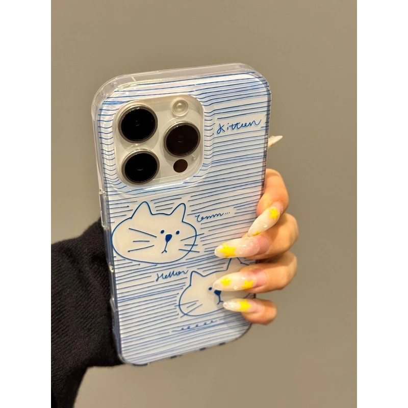 简约蓝线条两只猫咪适用苹果16Promax大孔手机壳vivo华为oppo小米