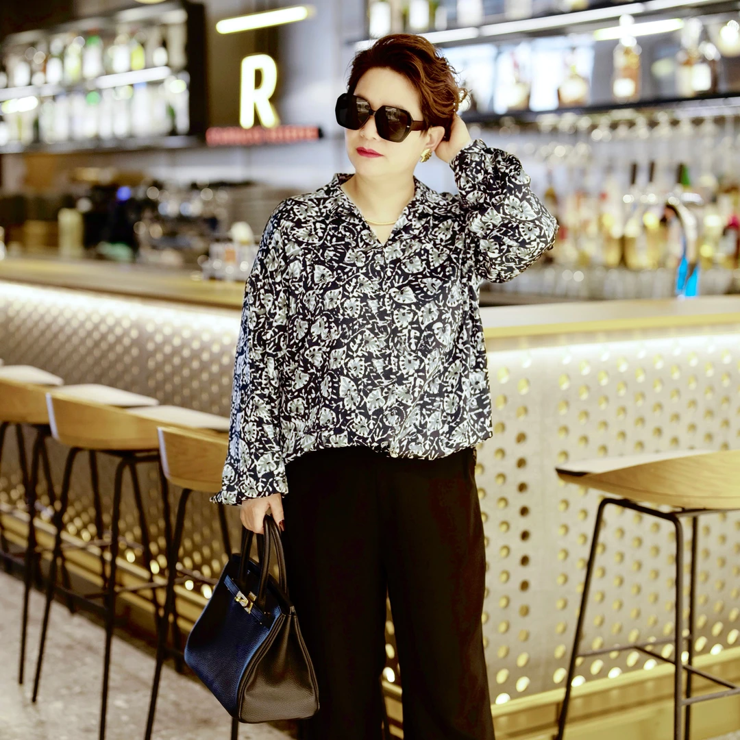 2025春秋季女装新款长袖典雅法式轻奢百搭树叶印花衬衫女SY091