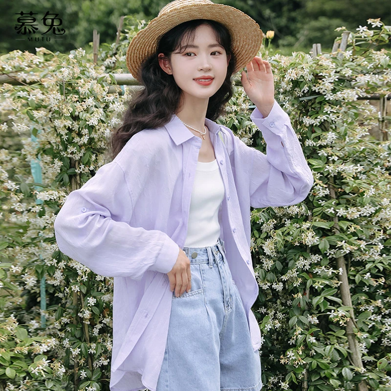 薄款长袖防晒衬衫女2024夏季宽松开衫外套百搭上衣潮