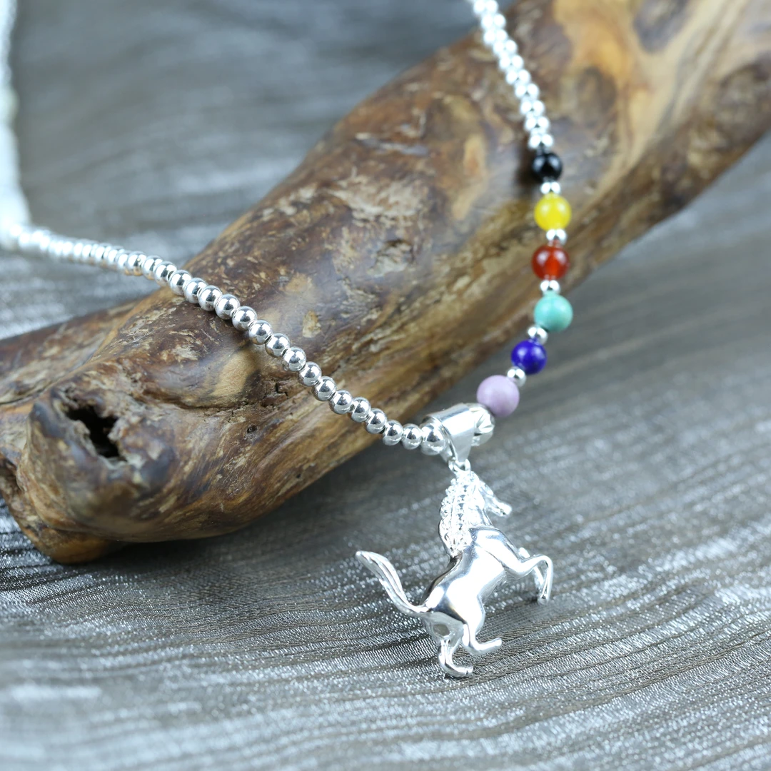 坠链均925银 彩色手工马马可爱民族风项链