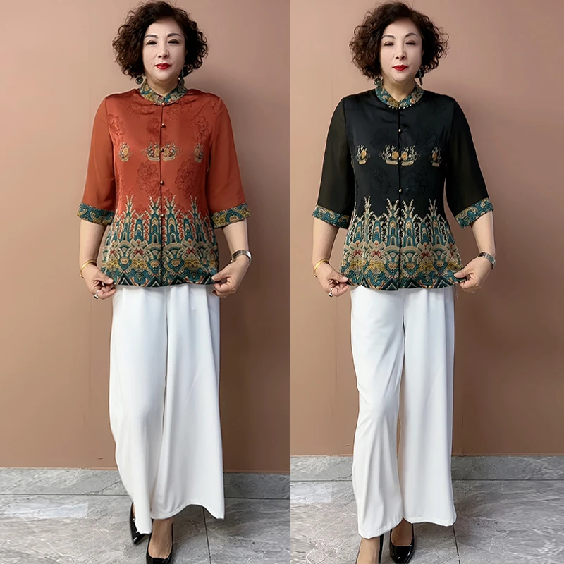 中老年时尚高端妈妈衬衫上衣中式五分袖时尚气质提花阔太太T恤衫