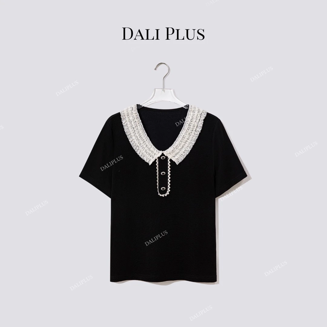 DALI PLUS“高克重凉醋酸”多层蕾丝翻领休闲撞色T恤-D5SS7145