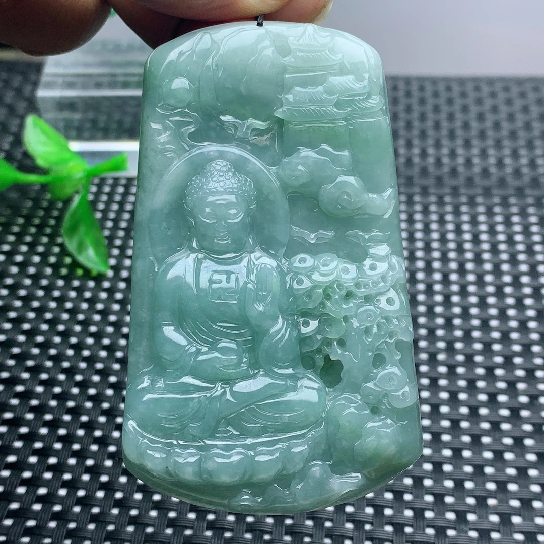 天然翡翠危料A货蓝水老坑阿弥陀佛山水牌挂坠男款守护神雕刻