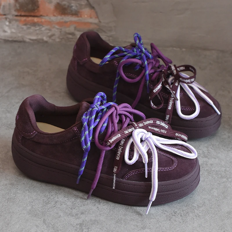 欧洲站女鞋复古磨砂皮厚底休闲板鞋女2025秋季新款透气百搭德训鞋