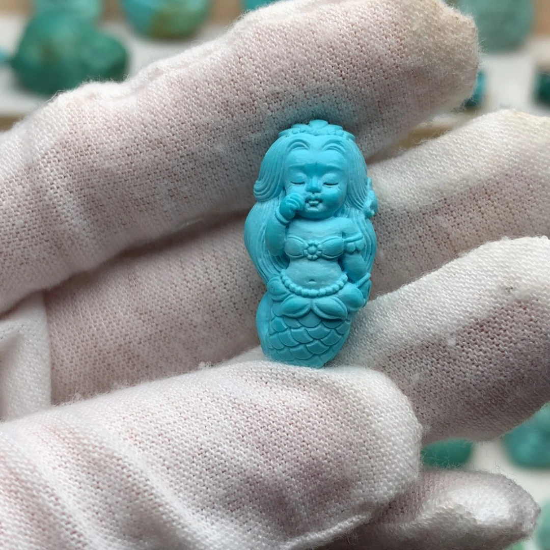 绿松石未镶嵌珠宝奇石高瓷蓝美人鱼14.2*27mm