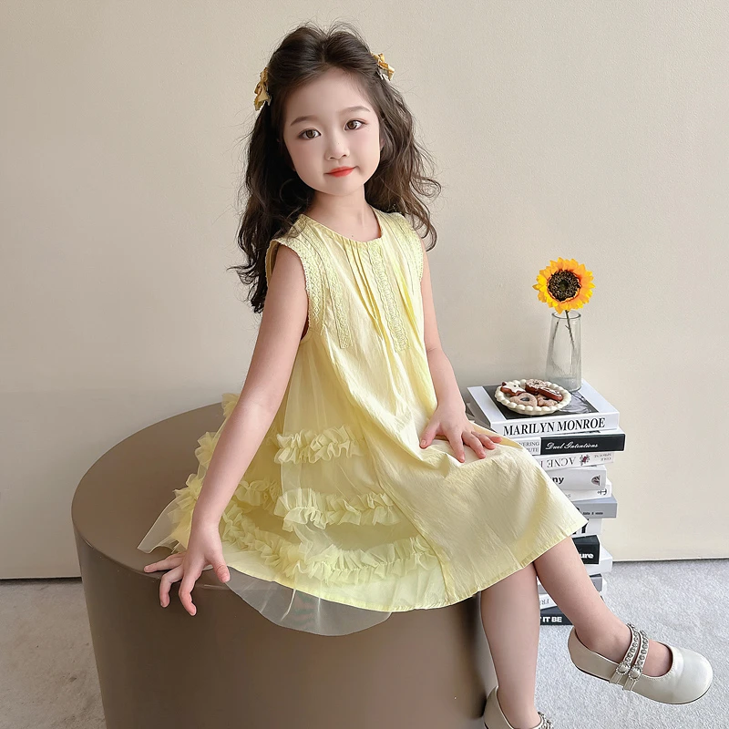 女童夏季连衣裙洋气儿童网纱花边公主裙韩系纯色裙子女宝宝无袖裙
