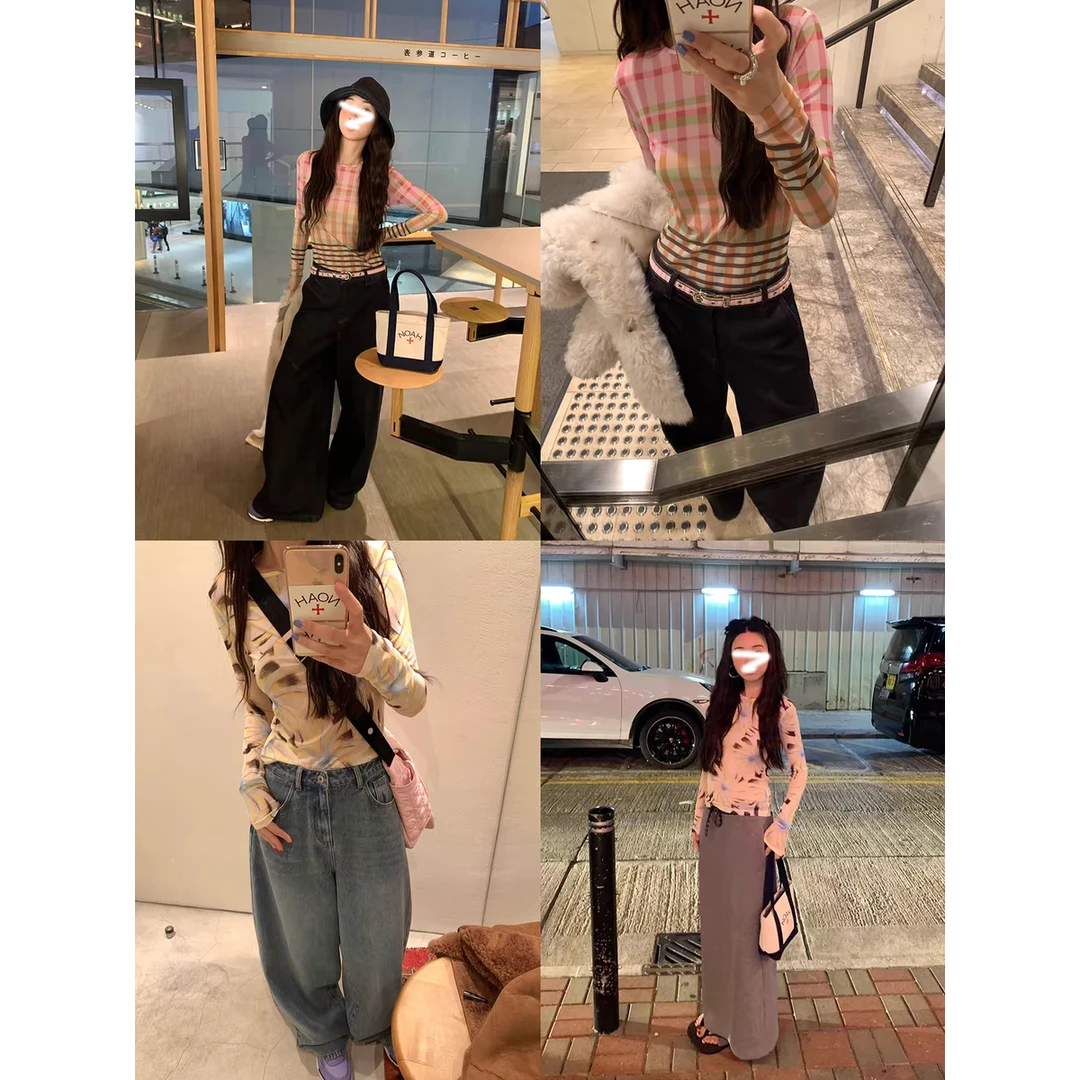 复古辣妹斯哈粉格&旋转太阳花网纱皮肤衣小个子百搭t恤上衣女