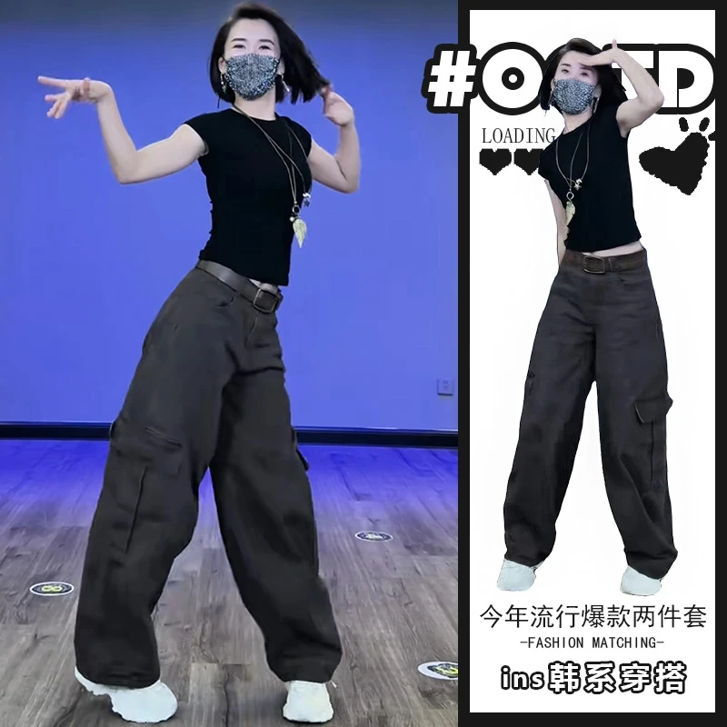 夏季修身显瘦黑色T恤新款高腰宽松显瘦休闲裤窄版阔腿长裤两件套