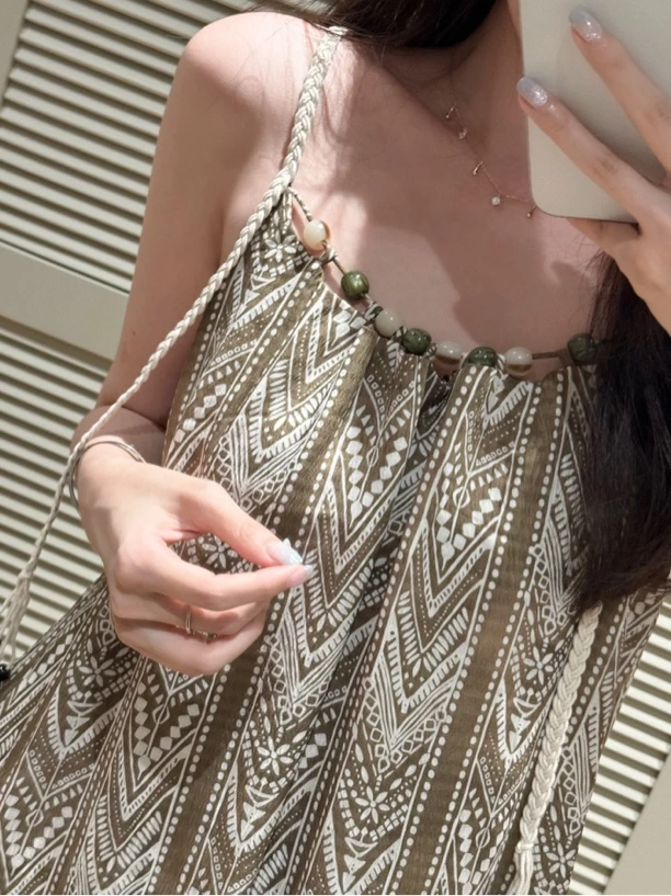 uki studio｜盛夏 复古风编织吊带长裙 有内衬