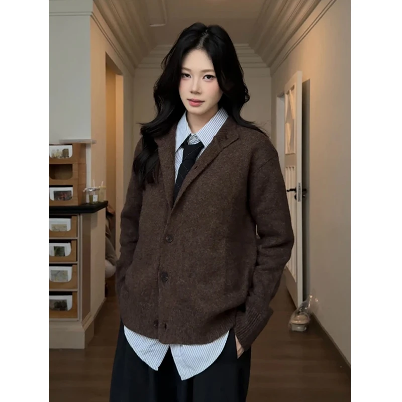 美拉德咖色半高领开衫毛衣男女款秋季美式复古针织衫cleanfit外套