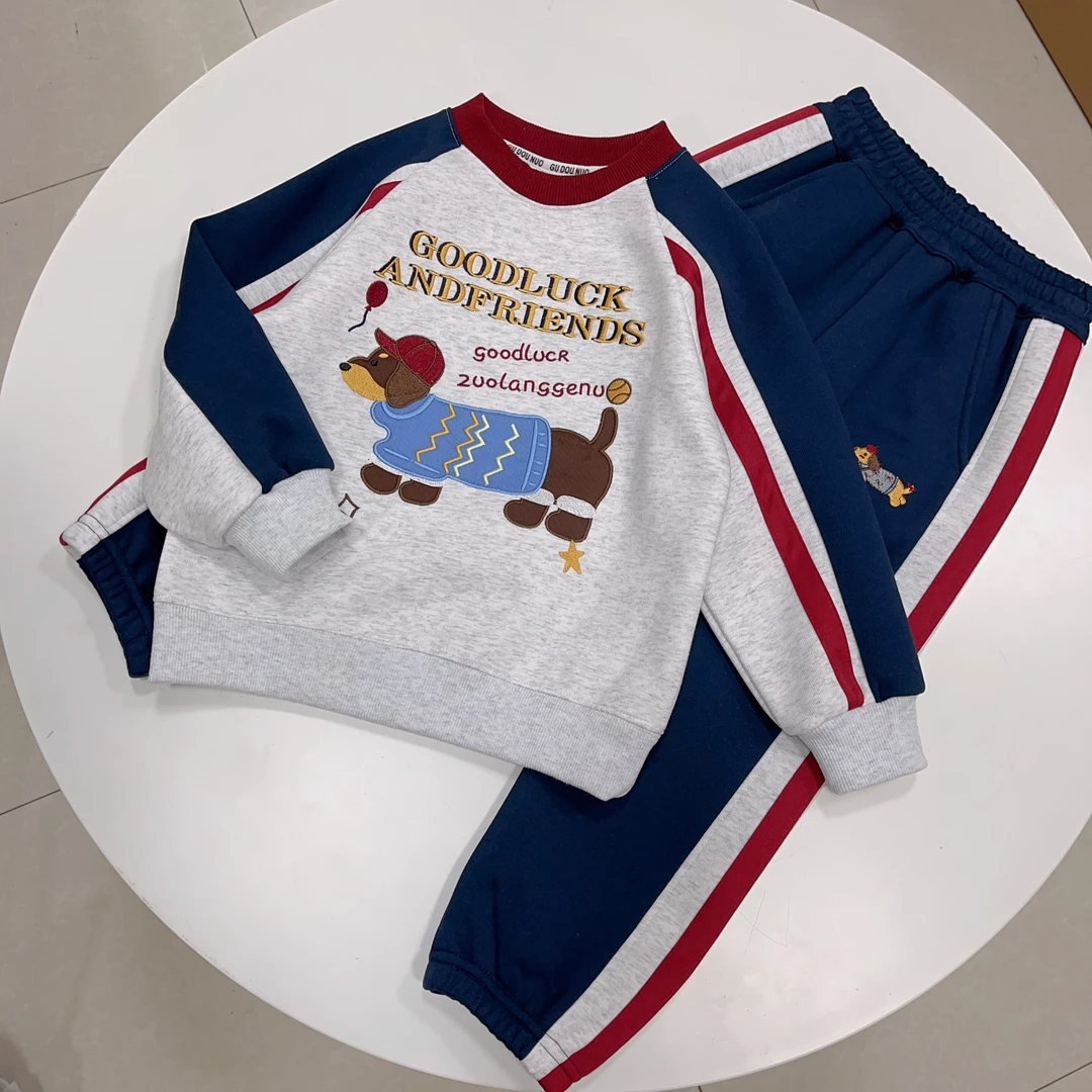 （春款春款）套装男童女童小中大童 刺绣圆领撞色插肩袖 韩版腊肠狗