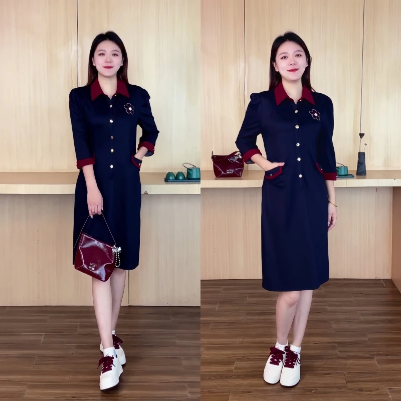 百花果【防褪色】2026春新款翻领软牛仔气质款七分袖大码女装连衣裙