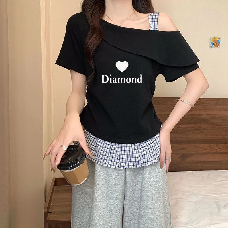 夏季大码法式荷叶边露肩短袖t恤胖mm显瘦假两件拼接格纹下摆上衣