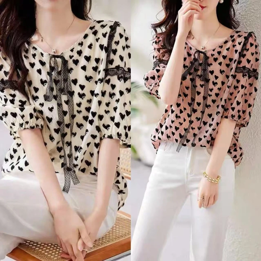 FF 植绒的~M胸110长63蕾丝拼接设计感植绒波点短袖衬衫上衣 1278