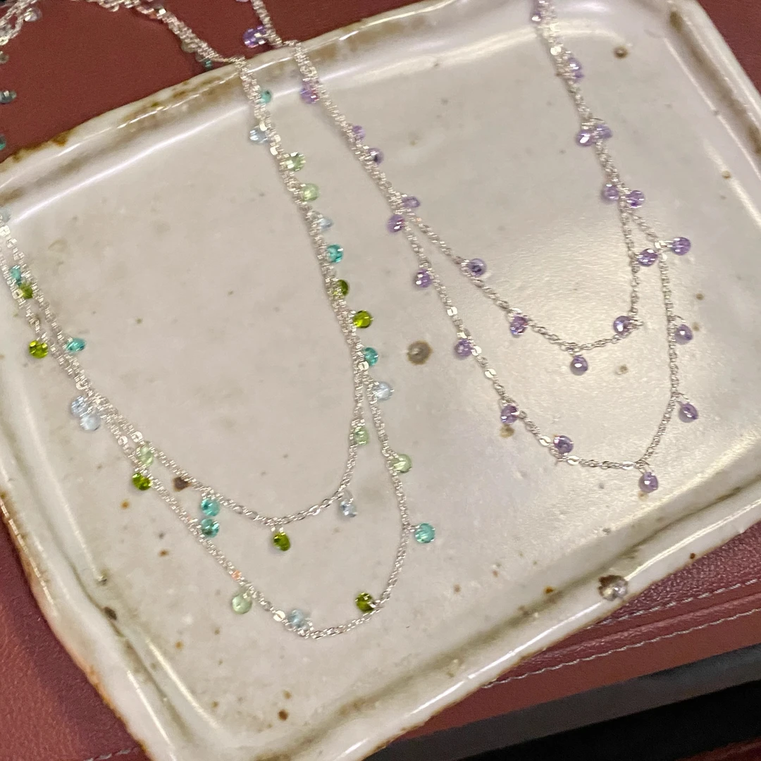 铜锆石项链 紫藤花语～超仙仿水晶流苏锁骨链双层叠戴小众设计项链