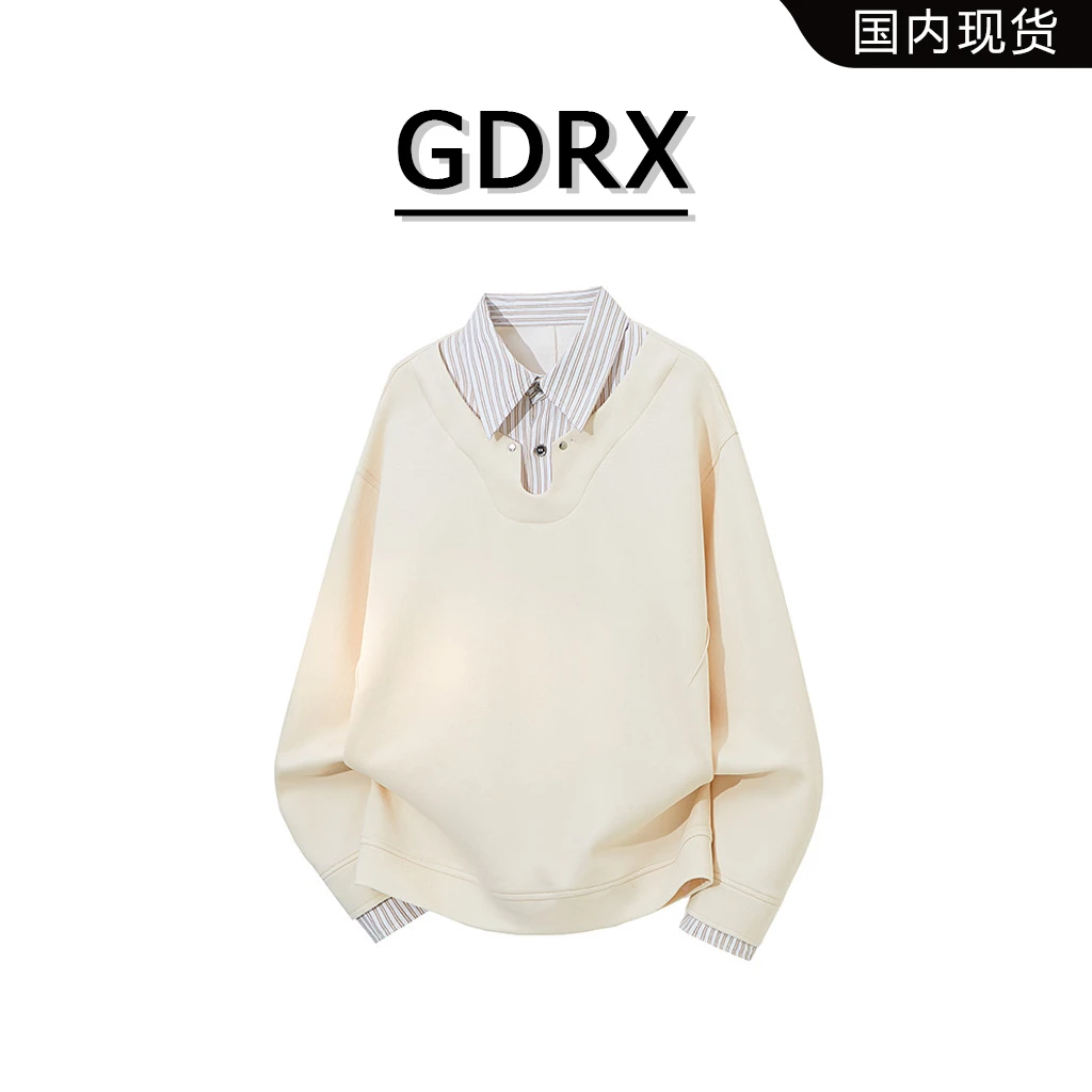 GDRX美式假两件条纹长袖卫衣2026春季新款男士休闲宽松大码上衣