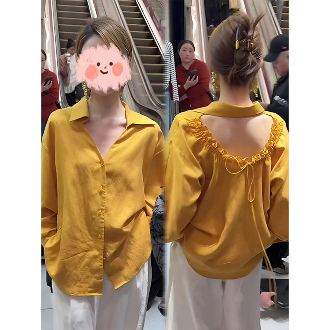 设计感镂空露背系带长袖衬衫女2025新款爆款春季轻奢洋气上衣衬衣