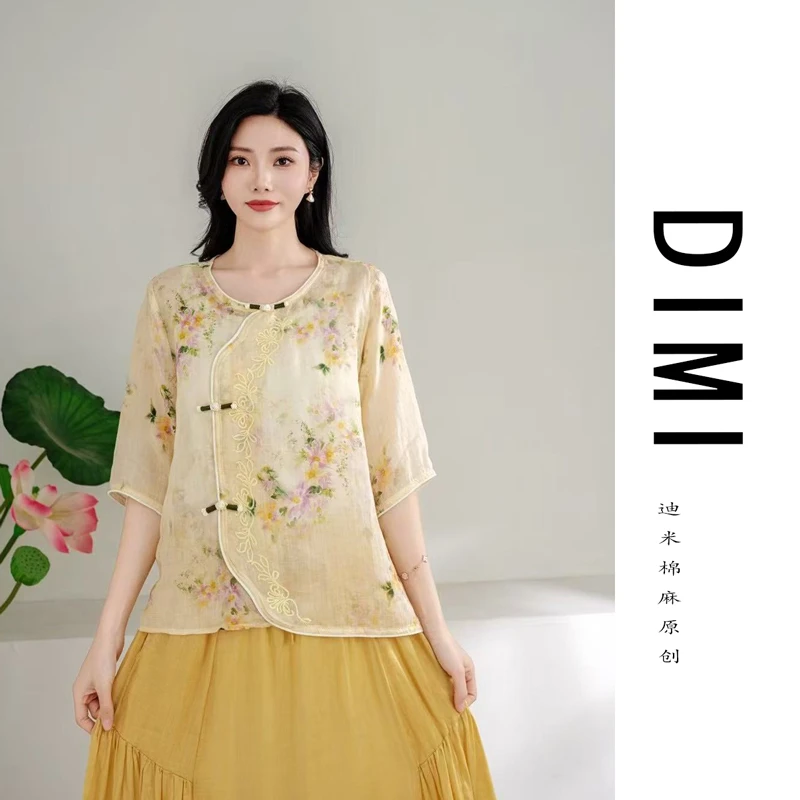 迪米夏季新款纯苎麻刺绣宽松舒适小衫女士上衣5001