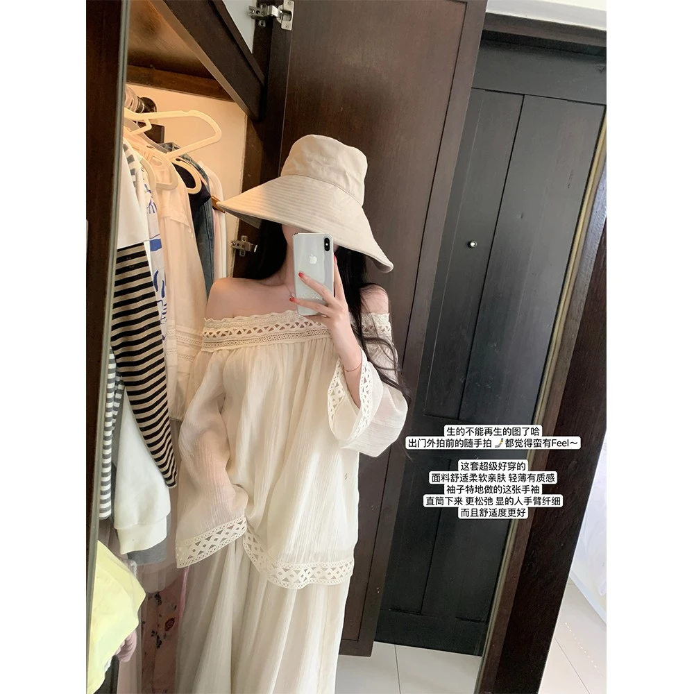 【无事小神仙】静谧仙 定染刺绣高品质镂空花边一字肩宽松上衣