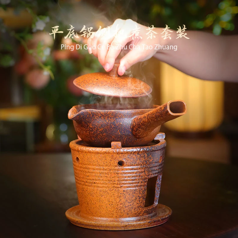 【艺家专属】复古还原烧平底锅侧把煮茶壶烧水围炉煮茶酒精炉套装
