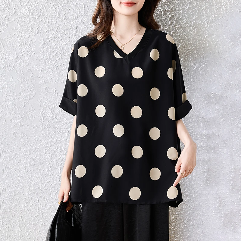 【女神新衣】气质波点雪纺衫女2025夏新款大码女装黑色短袖上衣