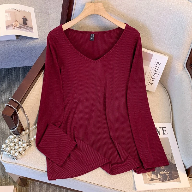 V领打底衫特大码春装新款260/300斤胖mm女装长袖T恤弹力内搭3350