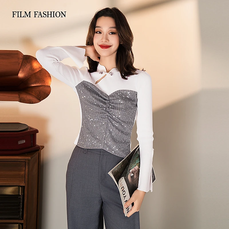 【小花专属】秋季新款珠片拼接假两件毛织衫上衣女装FFCM133350