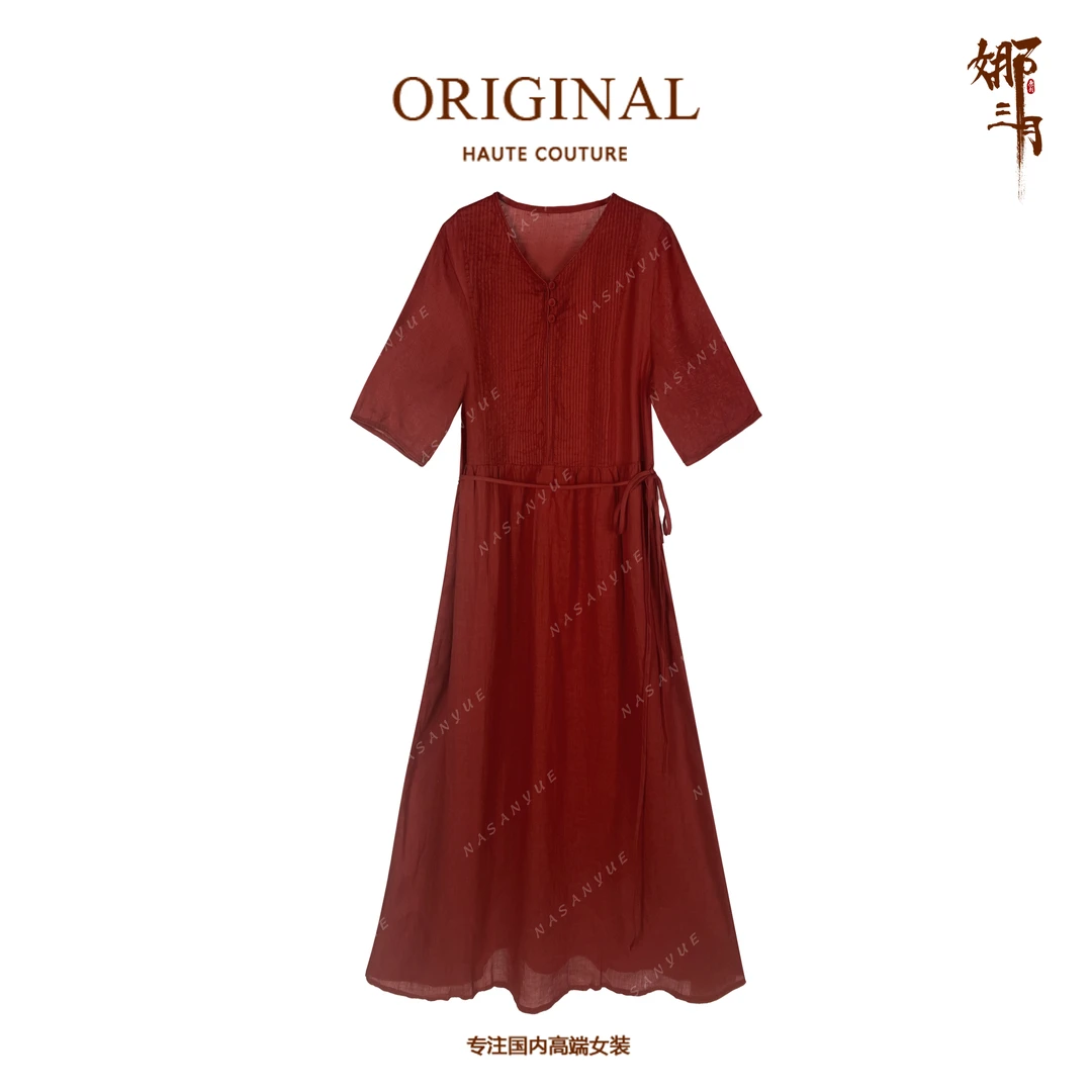 娜三月【100%高支苎麻】收腰显瘦轻薄飘逸提花苎麻夏款长裙Q3052