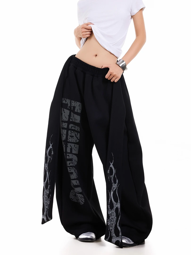 美式复古小众字母火焰飘带休闲卫裤街头设计感宽松休闲直筒阔腿裤