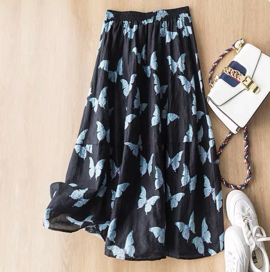 轻盈透气遮胯显瘦蝴蝶印花百搭松紧半身裙女6072