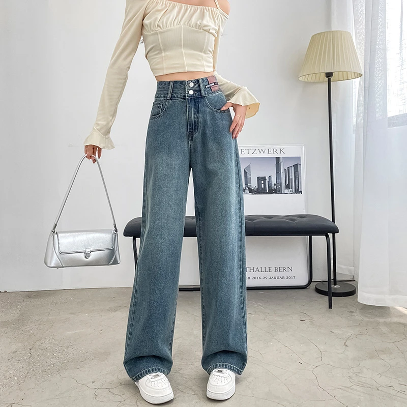 遮胯高腰阔腿牛仔裤女早春穿搭秋冬加绒小个子梨形身材显瘦直筒裤