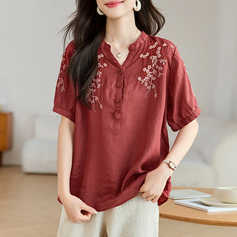 5525高端苎麻上衣女2025新款夏装高级感简约百搭休闲苎麻短袖衬衫