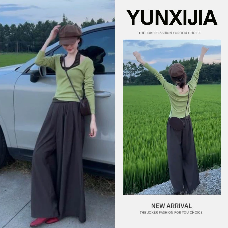 2025超火ootd穿搭一整套早秋季女装撞色挂脖叠穿上衣裤子三件套