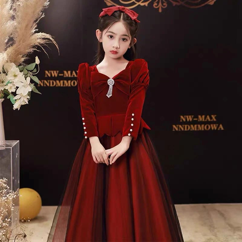 女童晚礼服高级感红丝绒高端花童公主裙儿童主持人钢琴演出服长袖