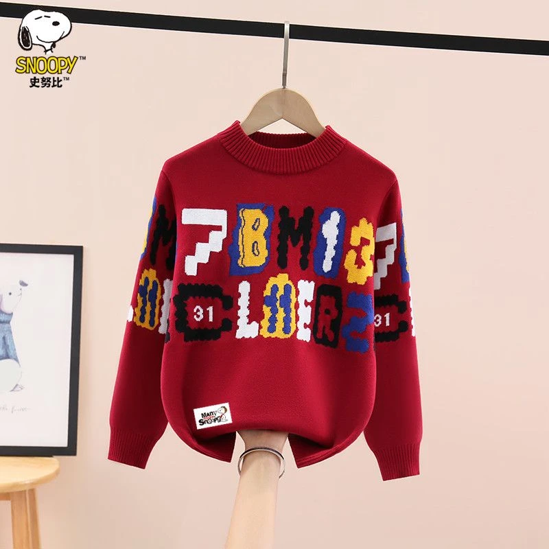 史努比男童纯棉毛衣秋冬装2025新款洋气中大童男孩套头加绒针织衫