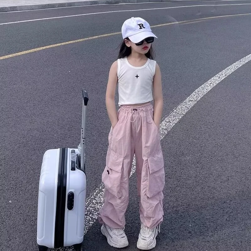 女童裤子夏季薄款工装裤2025新款女孩洋气炸街阔腿裤中大童直筒裤