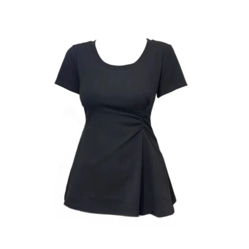 （倩倩）辣妹收腰正肩短袖女夏季不规则中长款上衣纯棉小衫1885