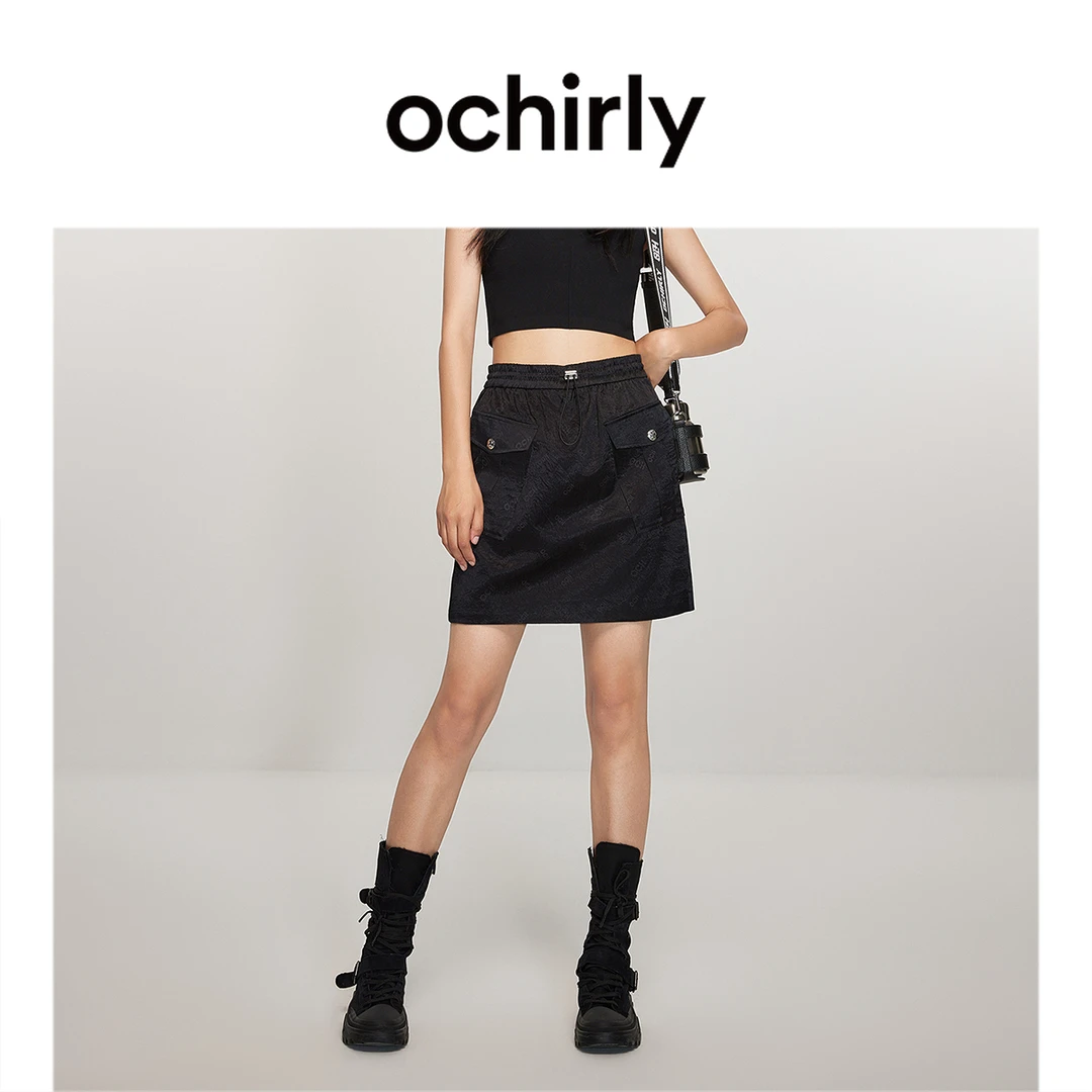 【达人】欧时力 醋酸缎面休闲半身裙新春短裙烧花工装风风感波粒