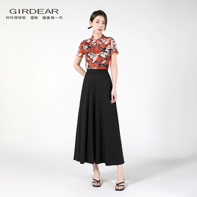 哥弟 2024新款气质时尚修身显瘦拼接烟管领网纱短袖T恤女1300643