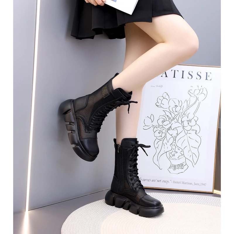 真皮网纱马丁靴女厚底2025夏季新款中筒薄款软底轻便镂空透气凉靴