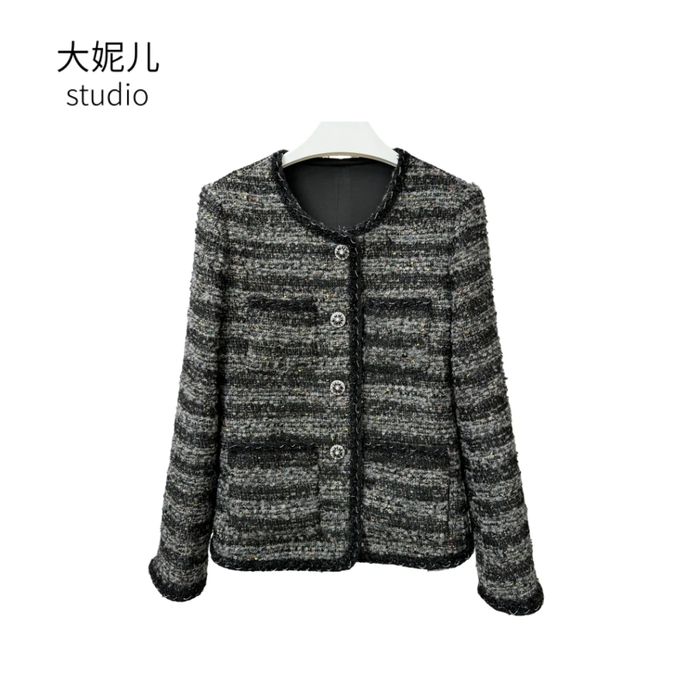 【星沙】秋冬厚款法式时尚高级感灰黑色粗花呢小香风外套女中长上衣
